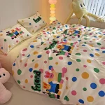 4pcs Cute Cartoon Single Bedding Set Children'S Student Dormitory Full Bedding Set Home Bed linens Stripe Dot Letter Printing - Image 4
