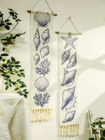 Boho Shell & Conch Wall Tapestry, White Hanging Decor Tapestries with Tassel, Beach Style Home Wall Art for Bedroom, Living Room