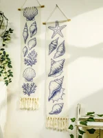 Boho Shell & Conch Wall Tapestry, White Hanging Decor Tapestries with Tassel, Beach Style Home Wall Art for Bedroom, Living Room - Image 2