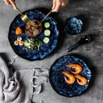 Ceramic Dinner Plates and Bowls, Blue Dishes, Creative Japanese Retro Kiln Changed Tableware Set, Dinnerware - Image 3