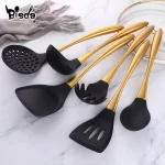 Gold Cooking Tool Set Silicone Head Kitchenware Stainless Steel Handle Soup Ladle Colander Set Turner Serving Spoon Kitchen Tool - Image 2