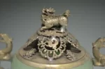 UNIQUE CHINESE SILVER COPPER INLAID JADE DRAGON LION INCENSE BURNER - Image 5