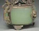 UNIQUE CHINESE SILVER COPPER INLAID JADE DRAGON LION INCENSE BURNER - Image 2