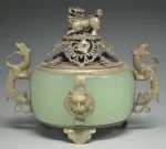 UNIQUE CHINESE SILVER COPPER INLAID JADE DRAGON LION INCENSE BURNER