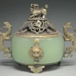 UNIQUE CHINESE SILVER COPPER INLAID JADE DRAGON LION INCENSE BURNER