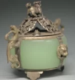 UNIQUE CHINESE SILVER COPPER INLAID JADE DRAGON LION INCENSE BURNER - Image 6
