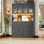 71 Inch Pantry with LED Light and Charging Station, Farmhouse Kitchen Pantry with Microwave Mount, 47.2 Inch Wide Kitchen Pantry