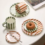 European Striped Ceramic Coffee Cup Saucer Modern Breakfast Dessert Plate Tea Cup Decorative Art Striped Coffee Cup 200 Ml Decor