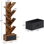 Rolanstar 7 Tier Tree Bookshelf  Drawer Storage Rack Tall Narrow Standing Bookcase for CDs Movies Books Living Room Rustic Brown - Image 3