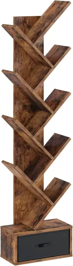 Rolanstar 7 Tier Tree Bookshelf  Drawer Storage Rack Tall Narrow Standing Bookcase for CDs Movies Books Living Room Rustic Brown - Image 8