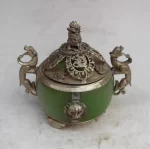 UNIQUE CHINESE SILVER COPPER INLAID JADE DRAGON LION INCENSE BURNER - Image 4