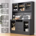 Pantry Cabinet, Kitchen Storage Cabinet, Freestanding Buffet Hutch with Pegboard, Cup Holder, Power Outlet, Black - Image 3