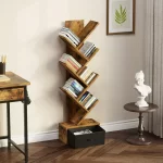Rolanstar 7 Tier Tree Bookshelf  Drawer Storage Rack Tall Narrow Standing Bookcase for CDs Movies Books Living Room Rustic Brown - Image 2