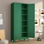 Metal Pantry Cabinet with 2 Doors and 5 Adjustable Shelves, 75" Kitchen Storage cabinets with Gold Handles, Versatile Storag
