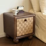 French vintage solid wood rope-woven bedside table.  Hand-woven bedside cabinet with a classic style. Suitable home bedrooms.