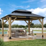 11'x13' Wood Gazebo,Outdoor Hardtop Gazebo with Galvanized Steel Doule Roof, Wooden Frame Gazebos for Patio Backyard Deck
