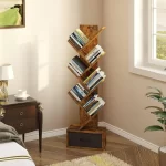 Rolanstar 7 Tier Tree Bookshelf  Drawer Storage Rack Tall Narrow Standing Bookcase for CDs Movies Books Living Room Rustic Brown - Image 4