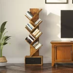 Rolanstar 7 Tier Tree Bookshelf  Drawer Storage Rack Tall Narrow Standing Bookcase for CDs Movies Books Living Room Rustic Brown - Image 5