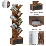 Rolanstar 7 Tier Tree Bookshelf  Drawer Storage Rack Tall Narrow Standing Bookcase for CDs Movies Books Living Room Rustic Brown - Image 6
