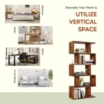 JHK 62IN Geometric Bookcase 5 Tier S-Shaped Wooden Display Bookshelf Storage Standing Shelf Stable Frame Graduated Shelves - Image 5