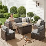 7-Pieces Patio Furniture Sets Outdoor Sectional Sofa with 44'' Propane Rattan Wicker Firepit Table, Patio Sectional, Customized - Image 2
