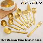 1Pcs Gold Stainless Steel Long Soup Spoon Cooking Utensils Kitchenware Skimmer Colander Frying Spatula Kitchen Accessories