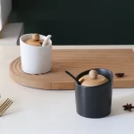 Nordic Ceramic Seasoning Jar with Spoon Kitchen Storage Box Simple Bamboo Lid Salt Jar Oil Bottle, Seasoning Tools Kitchen - Image 2