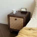 French vintage solid wood rope-woven bedside table.  Hand-woven bedside cabinet with a classic style. Suitable home bedrooms. - Image 3