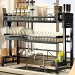 Adjustable Metal Kitchen Storage Rack with Drip Tray & Utensil Holder - Expandable Sink Organizer for Dishes Cups Cooking Tools