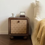 French vintage solid wood rope-woven bedside table.  Hand-woven bedside cabinet with a classic style. Suitable home bedrooms. - Image 4
