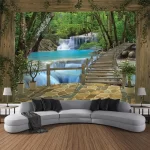 3D balcony landscape waterfall tapestry wall hanging bohemian sea sky aesthetic room art decoration fabric large background wall - Image 11