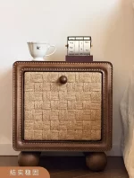 French vintage solid wood rope-woven bedside table.  Hand-woven bedside cabinet with a classic style. Suitable home bedrooms. - Image 6