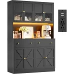 71 Inch Pantry with LED Light and Charging Station, Farmhouse Kitchen Pantry with Microwave Mount, 47.2 Inch Wide Kitchen Pantry - Image 2