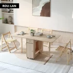 Folding Dining Table with 2 Drawers and 4 Wheels for Living Room,Kitchen, Farmhouse, Space Saving Table - Image 2