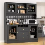 Pantry Cabinet, Kitchen Storage Cabinet, Freestanding Buffet Hutch with Pegboard, Cup Holder, Power Outlet, Black - Image 2