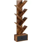 Rolanstar 7 Tier Tree Bookshelf  Drawer Storage Rack Tall Narrow Standing Bookcase for CDs Movies Books Living Room Rustic Brown