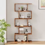 JHK 62IN Geometric Bookcase 5 Tier S-Shaped Wooden Display Bookshelf Storage Standing Shelf Stable Frame Graduated Shelves