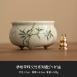 Emerald Green Asparagus Fern Three-Legged Incense Burner Home Indoor Chinese Zen Tea Set Ceramic Aromatherapy Stove Tea Ceremony - Image 7