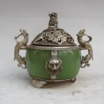 UNIQUE CHINESE SILVER COPPER INLAID JADE DRAGON LION INCENSE BURNER - Image 3