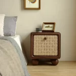 French vintage solid wood rope-woven bedside table.  Hand-woven bedside cabinet with a classic style. Suitable home bedrooms. - Image 7