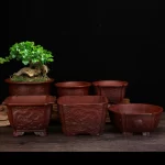 Chinese Antique Purple Clay Relief Flowerpot Tabletop Bonsai Pots Square Macetero Vintage Balcony Decoration Succulent Planters