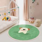 Green Patterned Dog Printed Kids Room Round Rug, Nursery Room Cute Dog - Image 4
