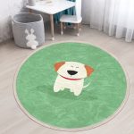 Green Patterned Dog Printed Kids Room Round Rug, Nursery Room Cute Dog