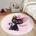 Cute Little Pink Kitty Pattern Kids Room Washable Round Rug | - Image 5