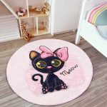 Cute Little Pink Kitty Pattern Kids Room Washable Round Rug | - Image 6