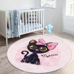 Cute Little Pink Kitty Pattern Kids Room Washable Round Rug | - Image 7