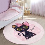 Cute Little Pink Kitty Pattern Kids Room Washable Round Rug | - Image 2
