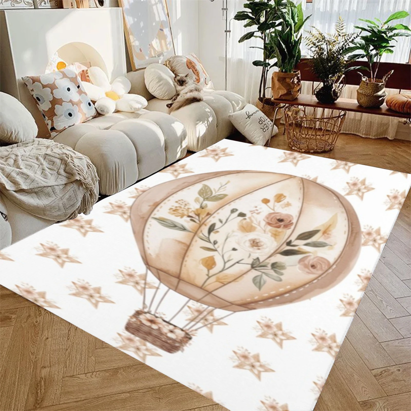 S00a749d8e0a24f1db1bc1b3dc5711911O.webp Boho Hot Air Balloon Nursery Rug, Soft Floral Play Mat, Neutral Baby Room Decor - Image 1