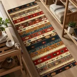 Bohemian Vintage Tribal Print Long Runner Rug, Colorful Floral Striped Pattern Non-Slip Washable Floor Mat
