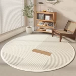 Cream Round Rug, Abstract Black Line Print, Non-Slip